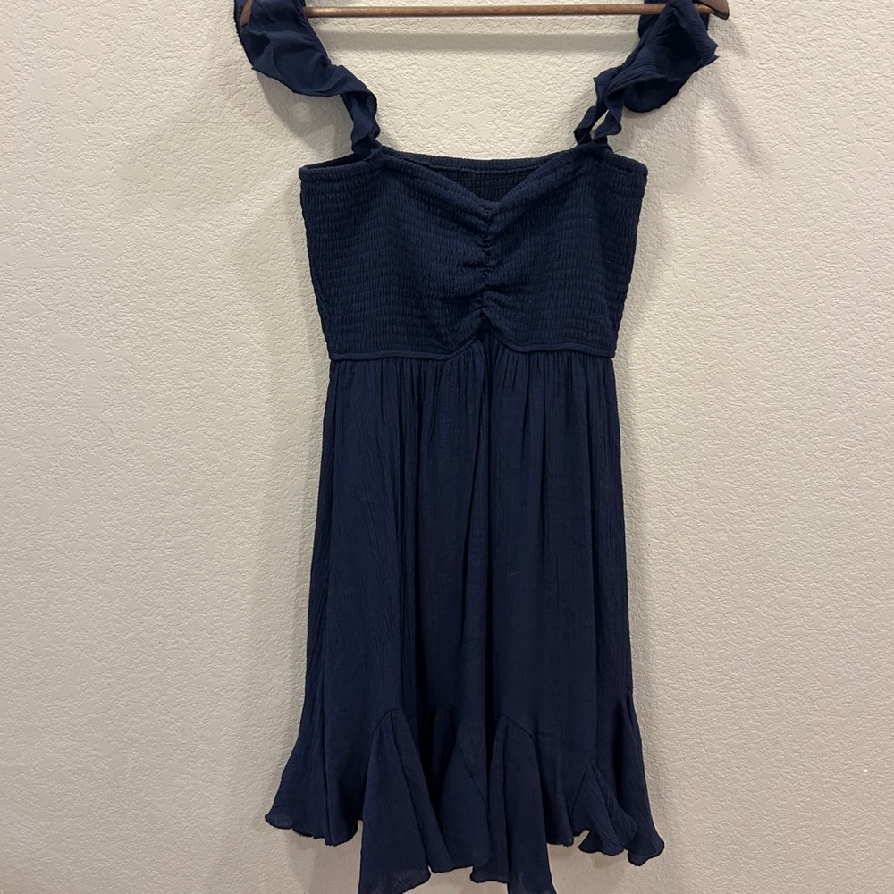 Navy Blue Sleeveless Dress with Ruffle Straps